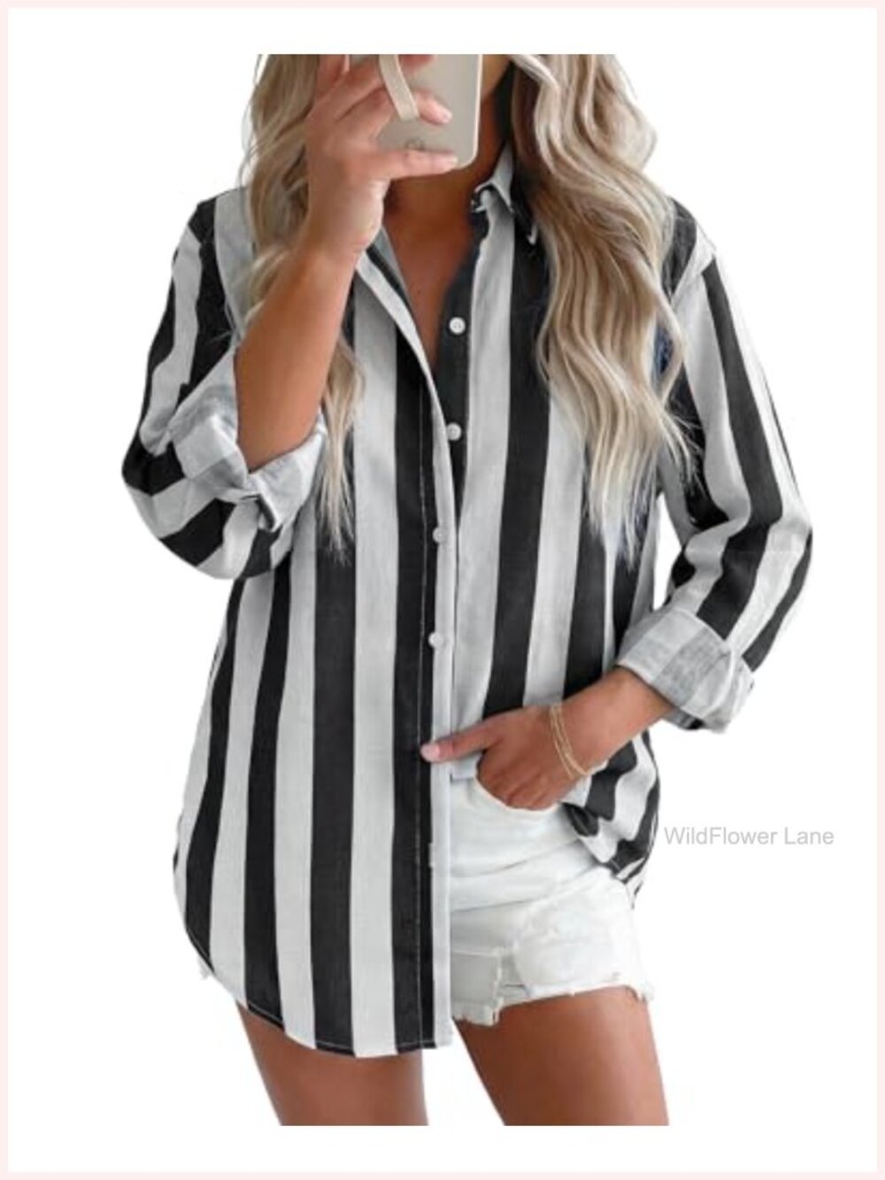 Oversized Linen Button Down Shirt Striped Long Sleeve Blouse